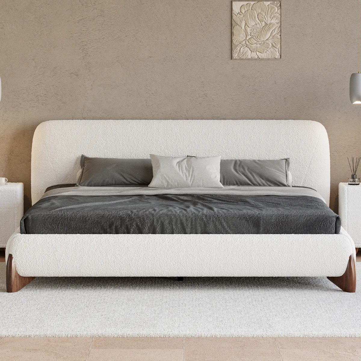 Modern White Boucle Platform Bed King Size Bed Frame & 2-Drawer Smart Boucle Nightstand — image 28