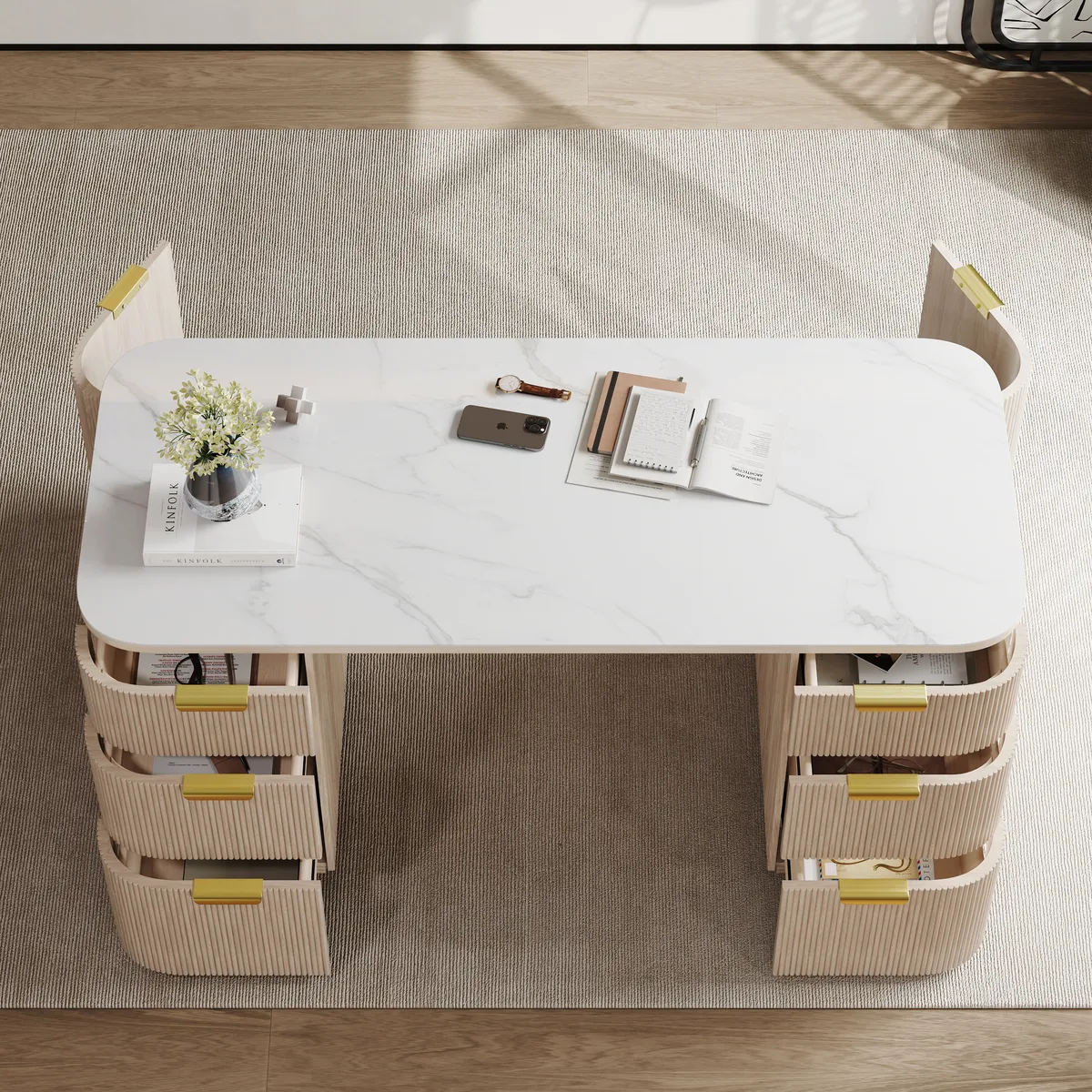 Walnut Ash Wood & Sintered Stone Rectangle Desk with 6 Drawers (63.8") — image 25