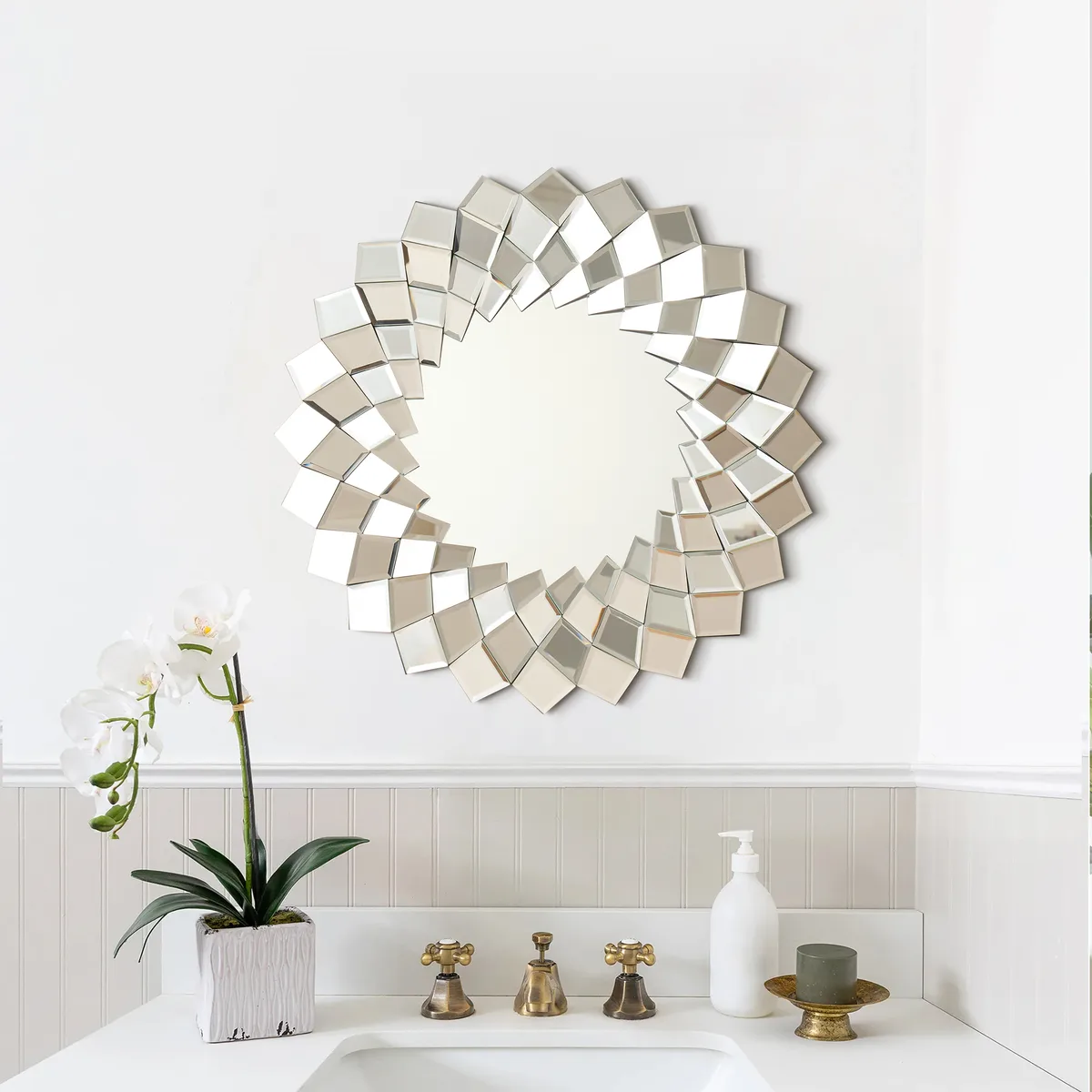 24" Diamond-Shaped Wall Mirror, Silver Round Decorative Mirror — image 3