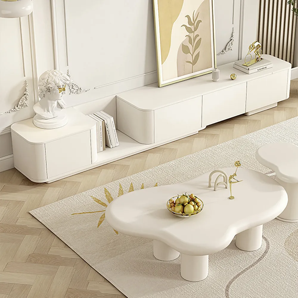 107.8" Off White Modern Wood Extendable TV Stand with 4 Drawer Retracted Cream Media Console — image 3