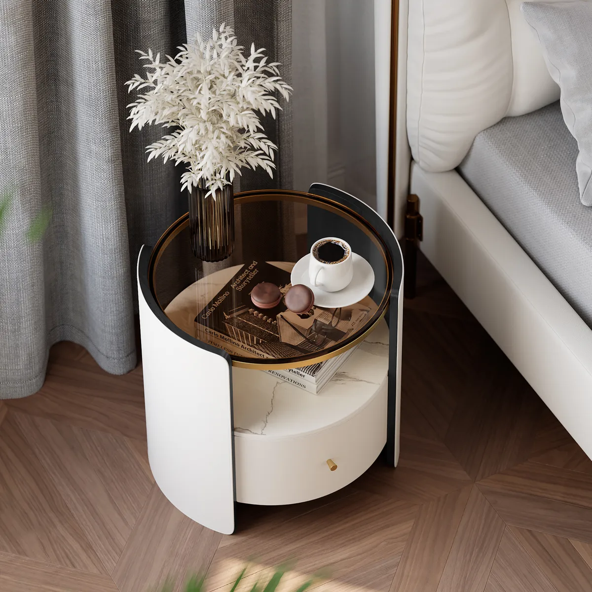 Modern Round Gray Leather Nightstand with Glass Top & Sintered Stone Bedside — image 12