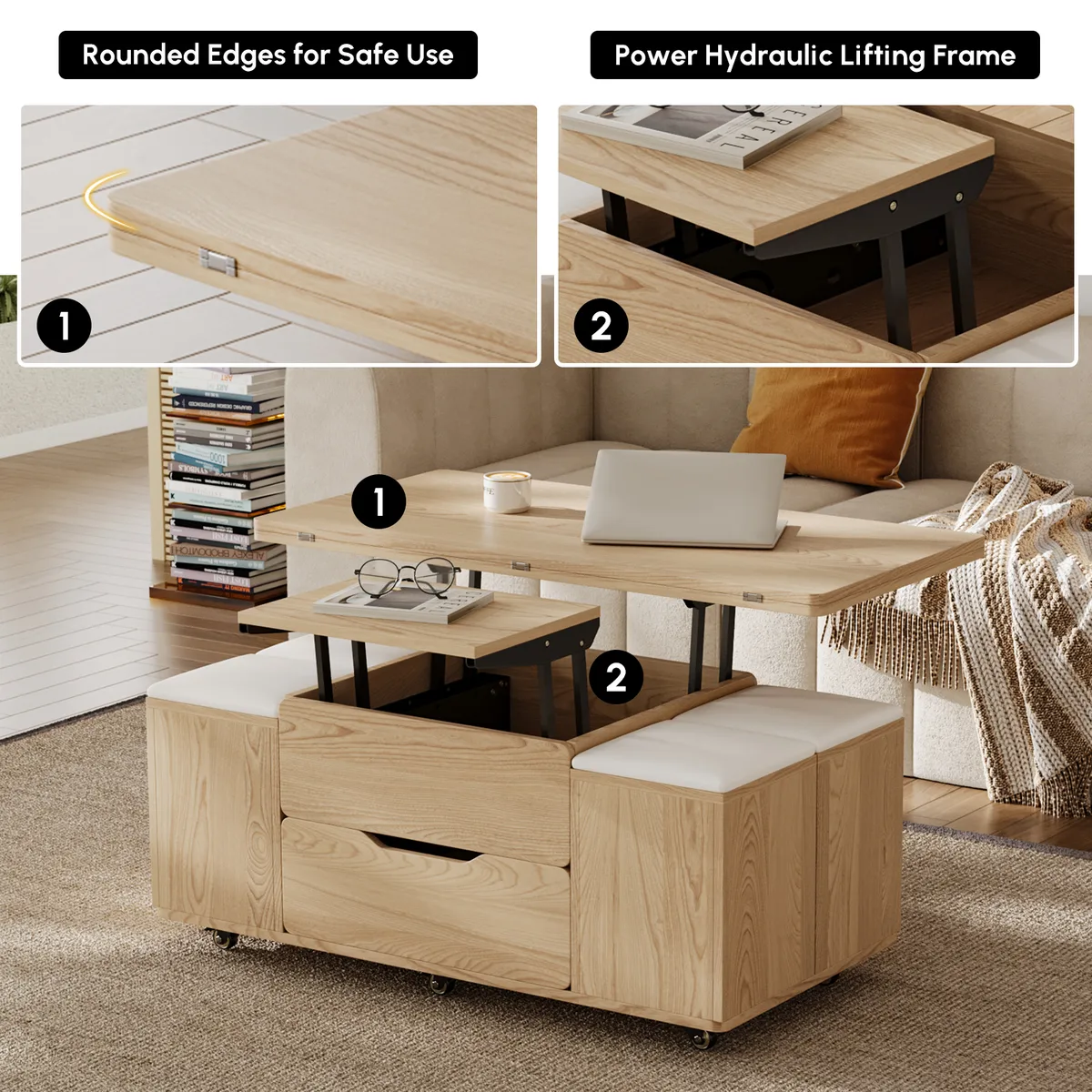 Modern Walnut Lift Top Coffee Table 4 in 1 with Storage Ottoman Foldable and Casters — image 19