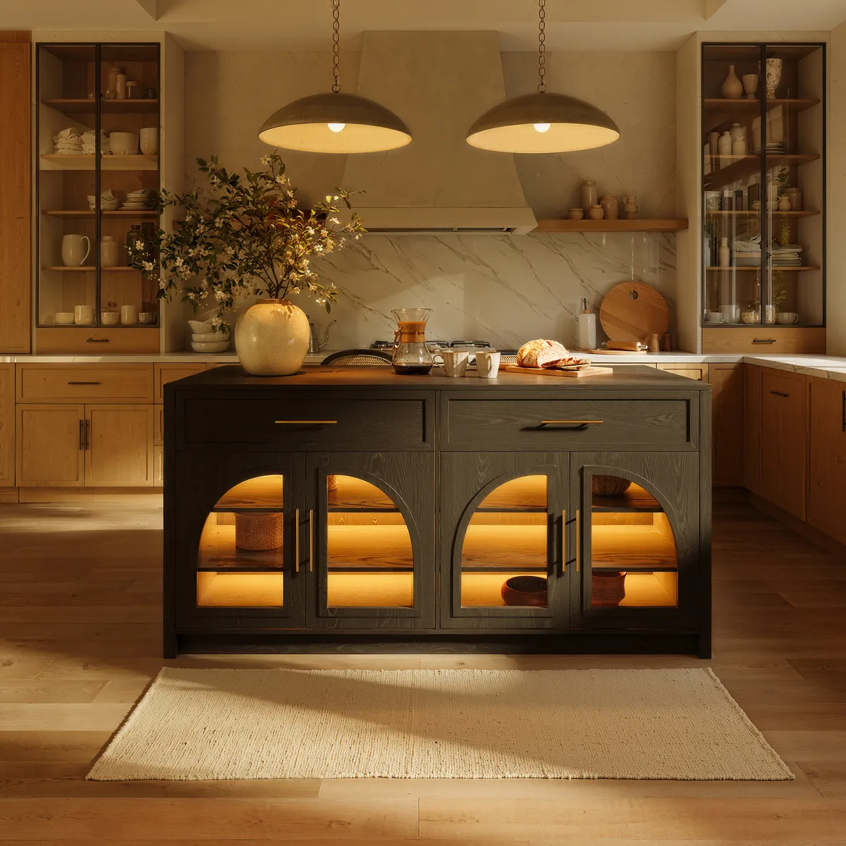 71" Modern Style Black Kitchen Islands with Glass Doors & Drawers — image 4