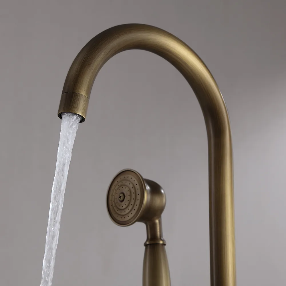 Classic Single Handle Swirling Spout Freestanding Tub Faucet with Handshower Solid — image 5