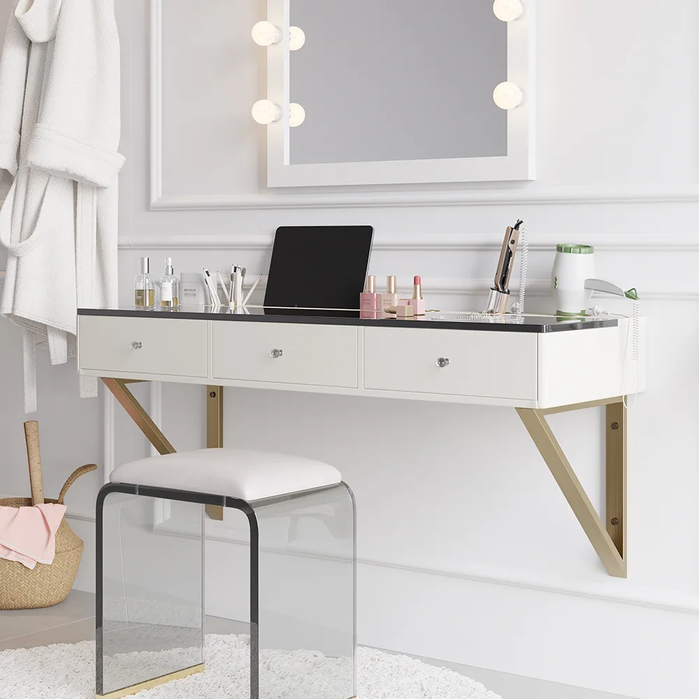 Modern Floating Makeup Vanity with Tempered Glass Top & Drawers Wall Mounted Beauty Station — image 3