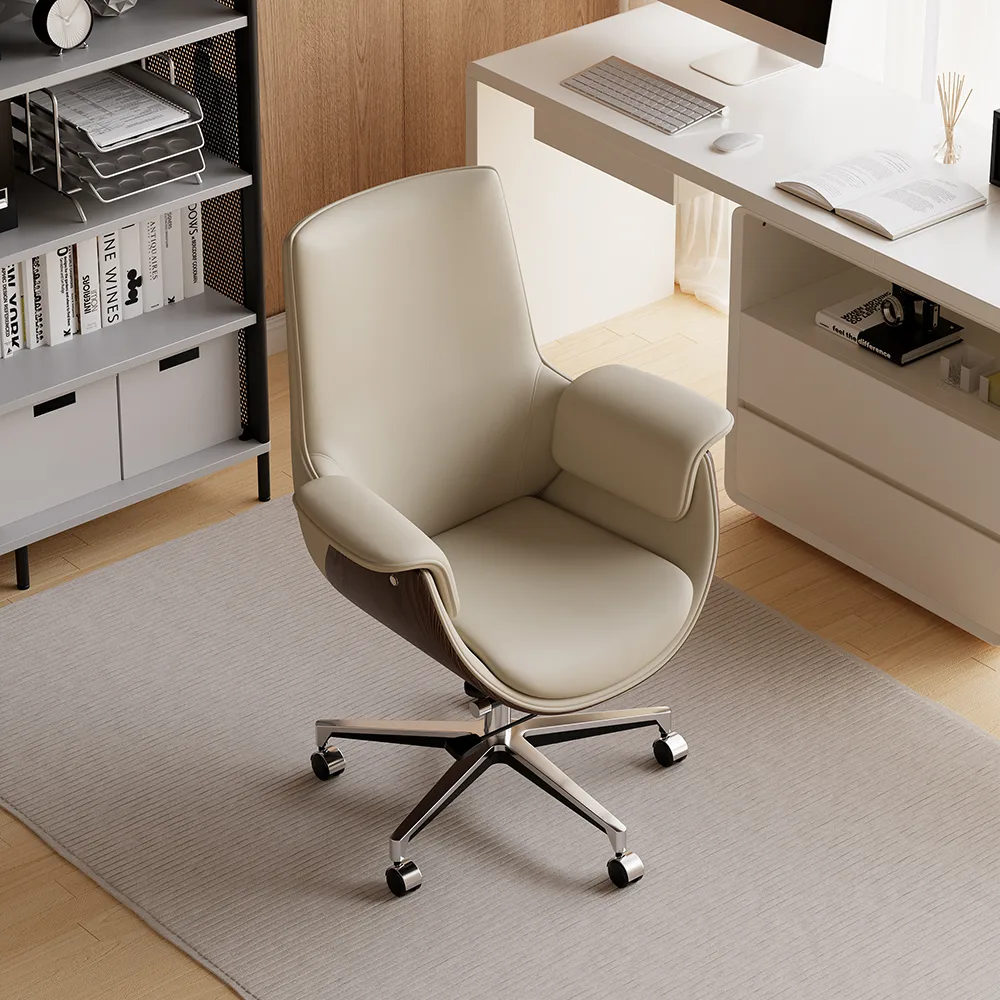 Black Leather Modern Home Office Chair Upholstered High Back Desk Chair Wood Grain Frame — image 23