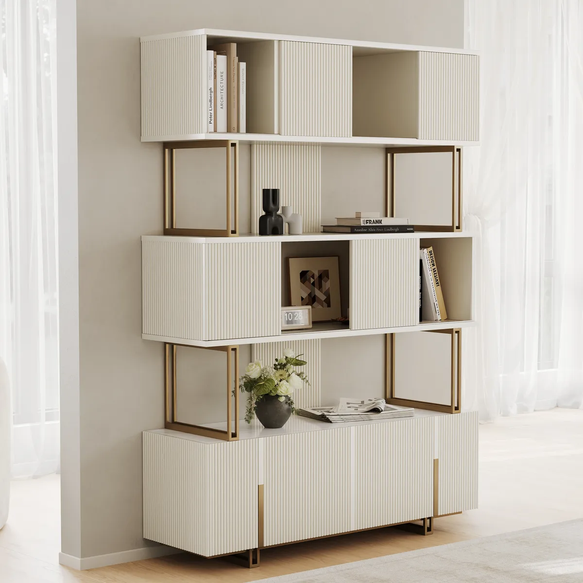 5-Shelf Off-white Bookshelf Etagere Tall Bookcase for Home & Office (72.8" High) — image 16