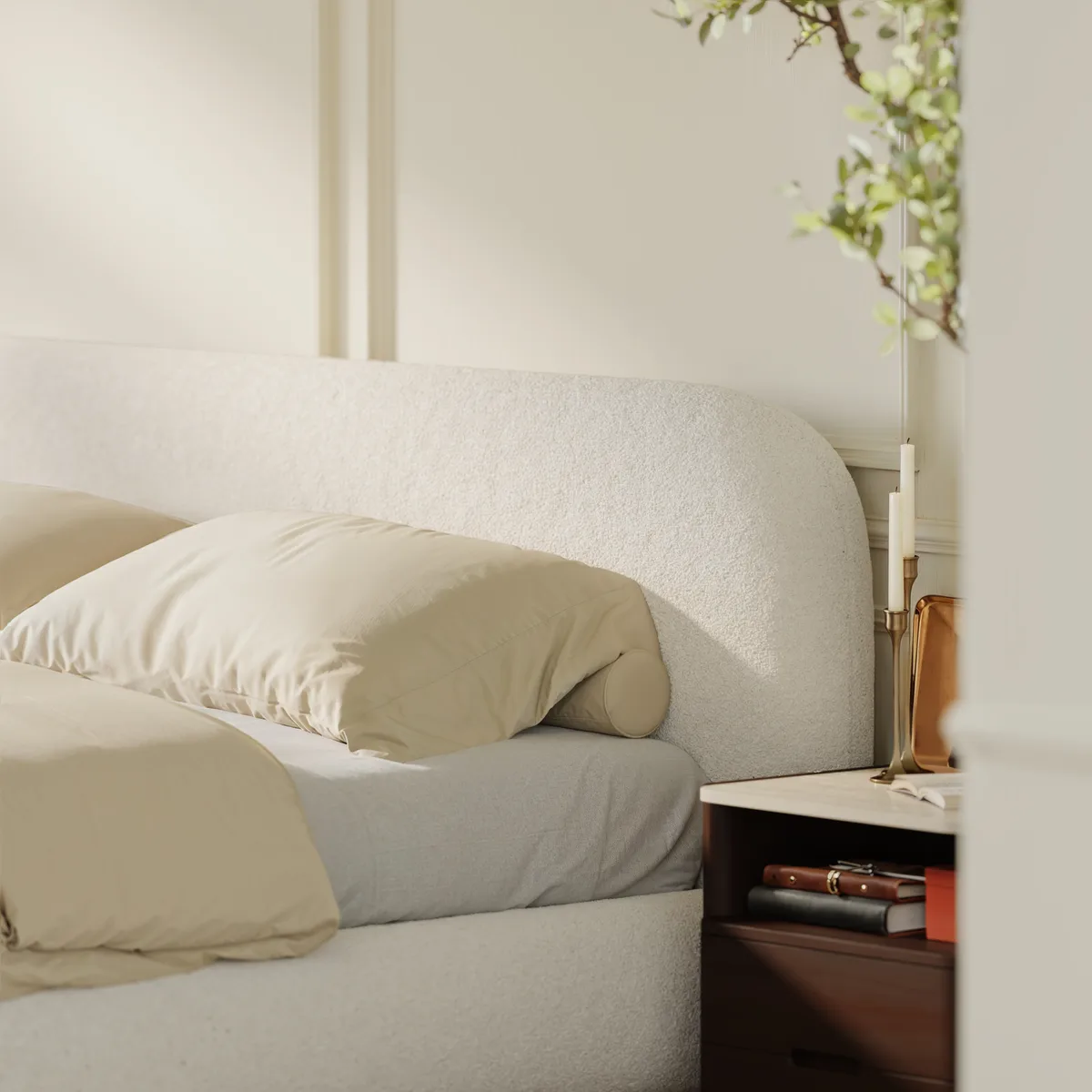 Modern Boucle Upholstered Bed with Charging Station & Fluted Base — image 9