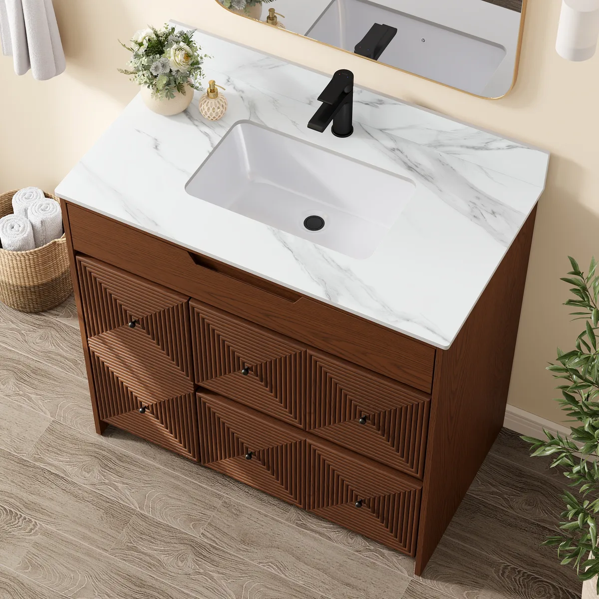 36" Walnut Single Bathroom Vanity with Sink and Sintered Stone Top — image 3