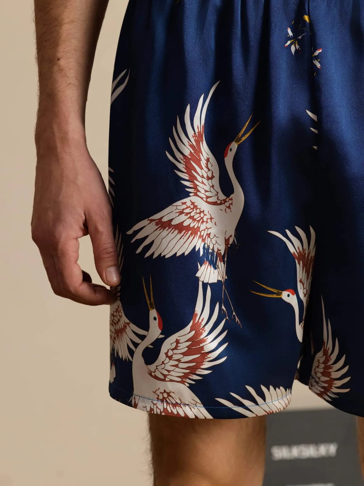 19Momme 100% Mulberry Silk Men's Crane Print Elastic Waist Sleep Shorts — image 4