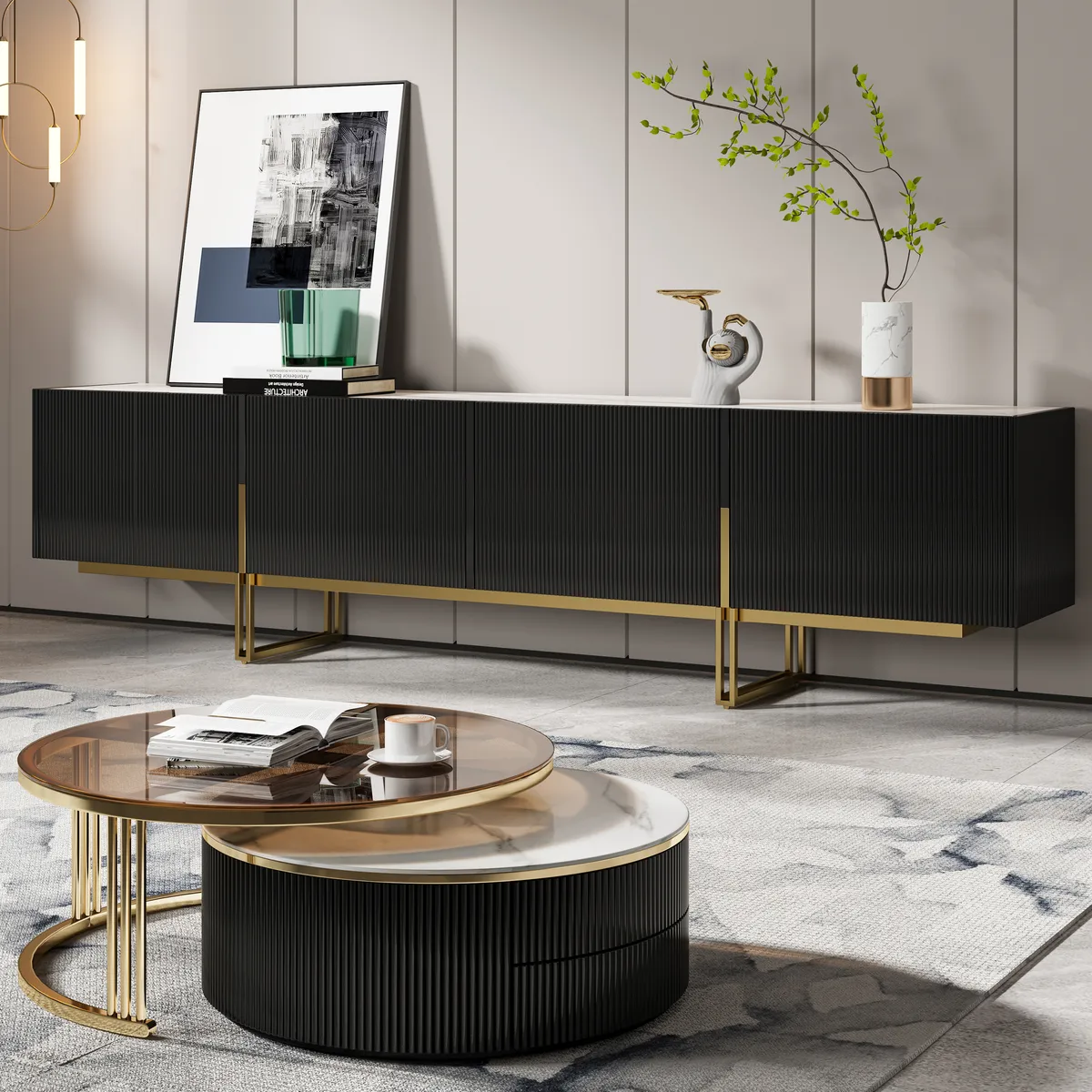 94.5" Living Room Cabinet Set Black TV Stand & Round Glass Nesting Coffee Table with Storage — image 21