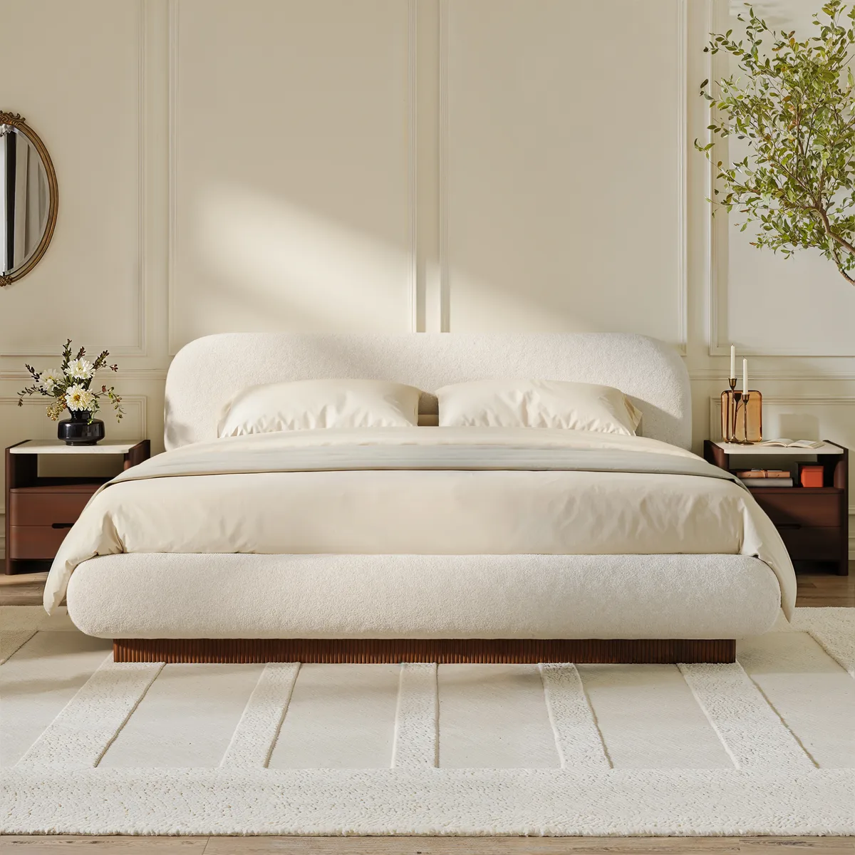 Modern Boucle Upholstered Bed with Charging Station & Fluted Base — image 2