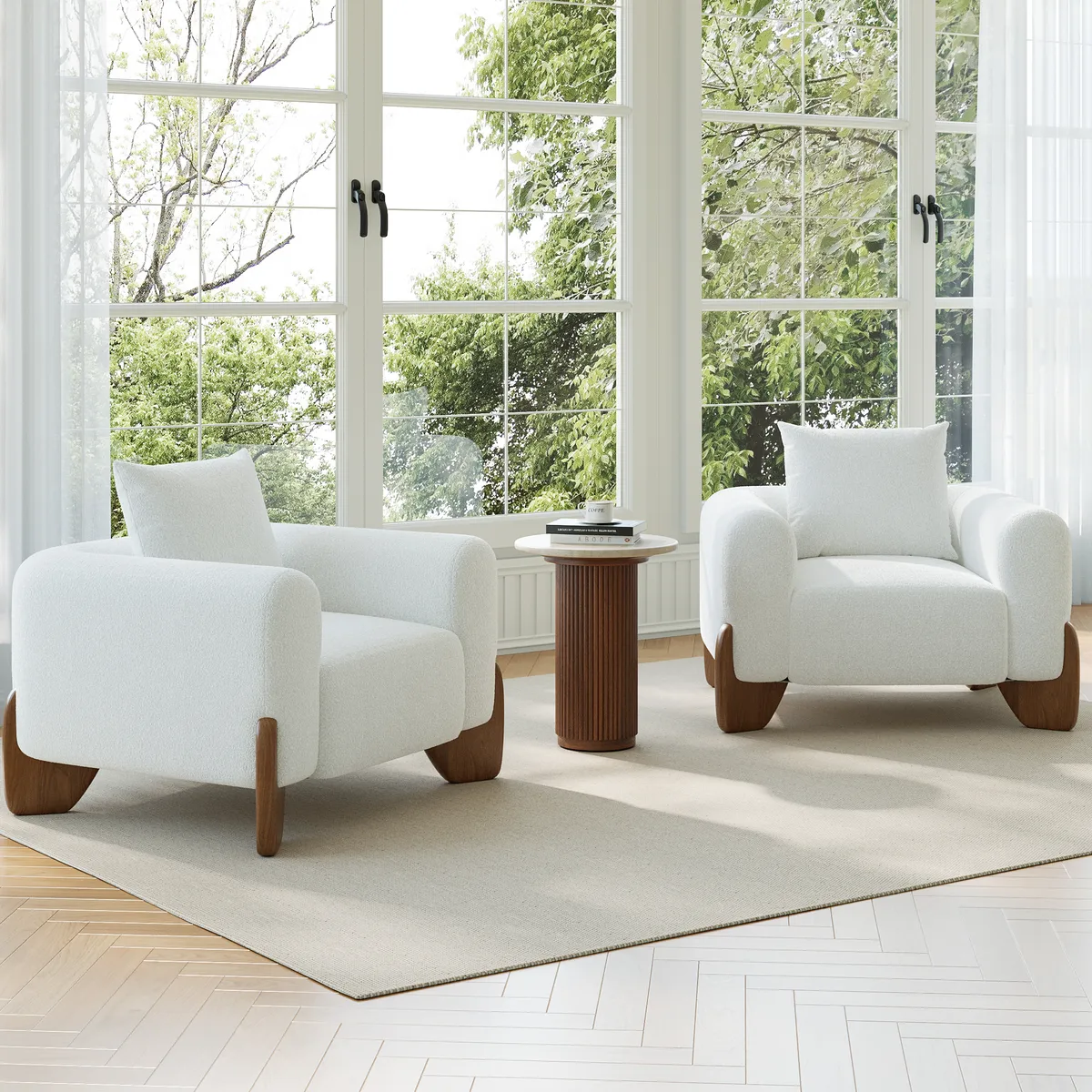Faux Marble Round End Table Modern Side Table with Wood Base — image 7