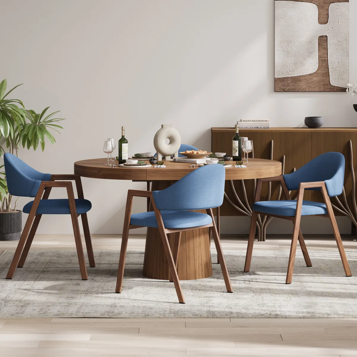 Blue Linen Upholstered 4-Piece Dining Chair Curved Back Chair — image 4