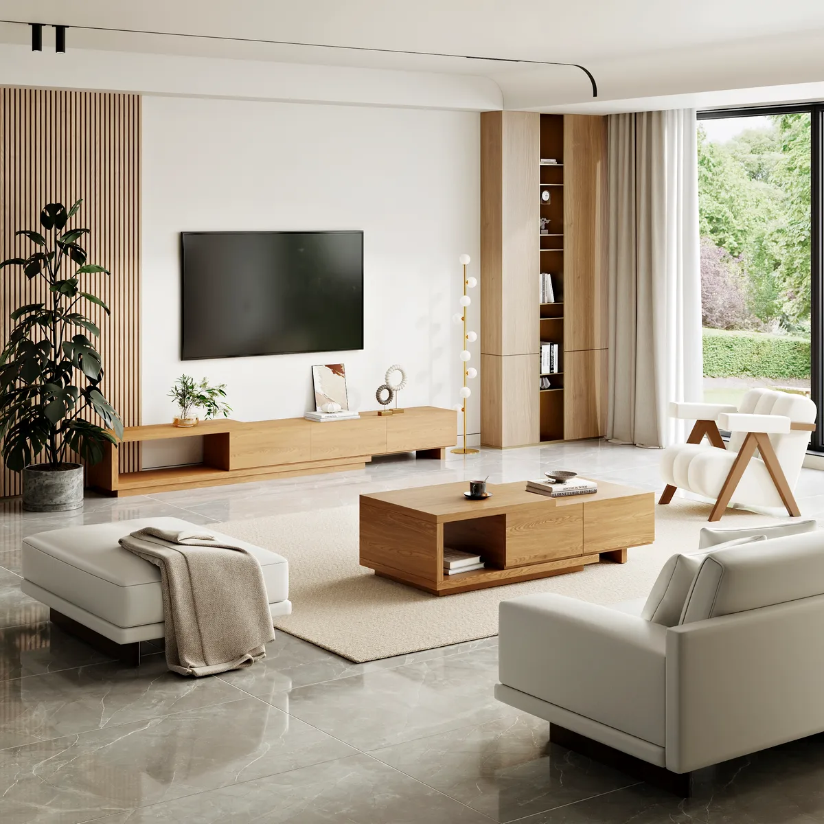 Quoint 68.9" Modern White Coffee Table Retracted & Extendable with 2-Drawer — image 17