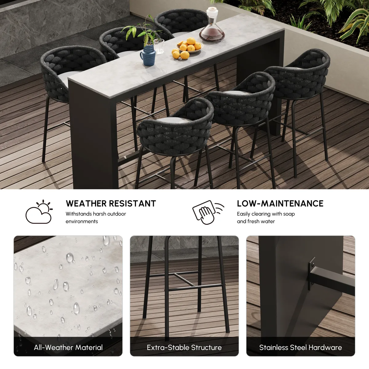 7-Piece Outdoor Sintered Stone & Aluminum Bar Dining Set with 6 Bar Stools — image 5