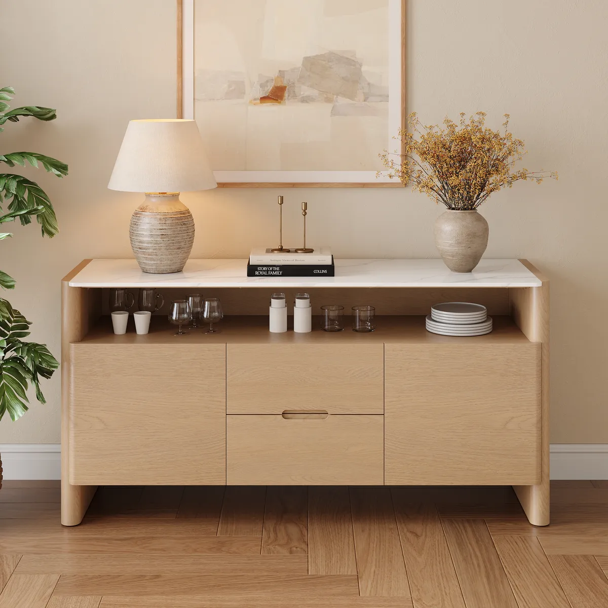 Arvona 63" Sintered Stone Sideboard with Open Storage & Adjustable Shelves