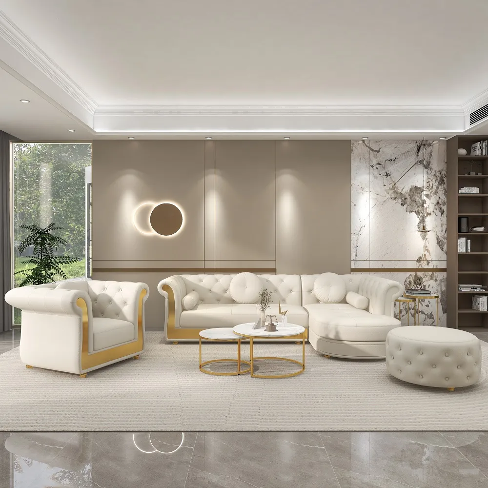 Dodiy Modern L-Shaped White Tufted Corner Sectional Sofa 6-Seater with Ottoman & Pillows — image 6