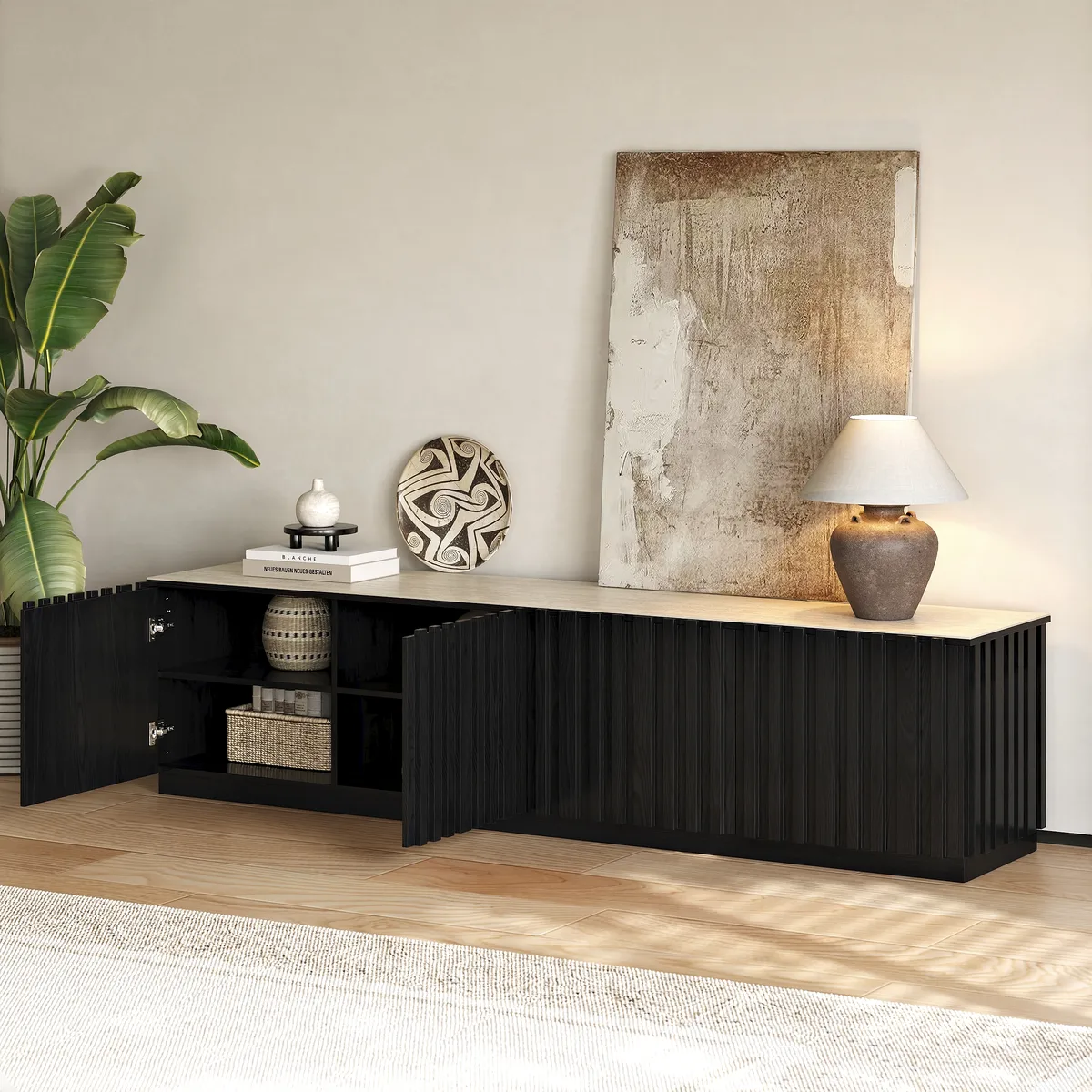 Aura 83" Ash Wood Fluted Smoked Brown TV Stand with Sintered Stone Top — image 15