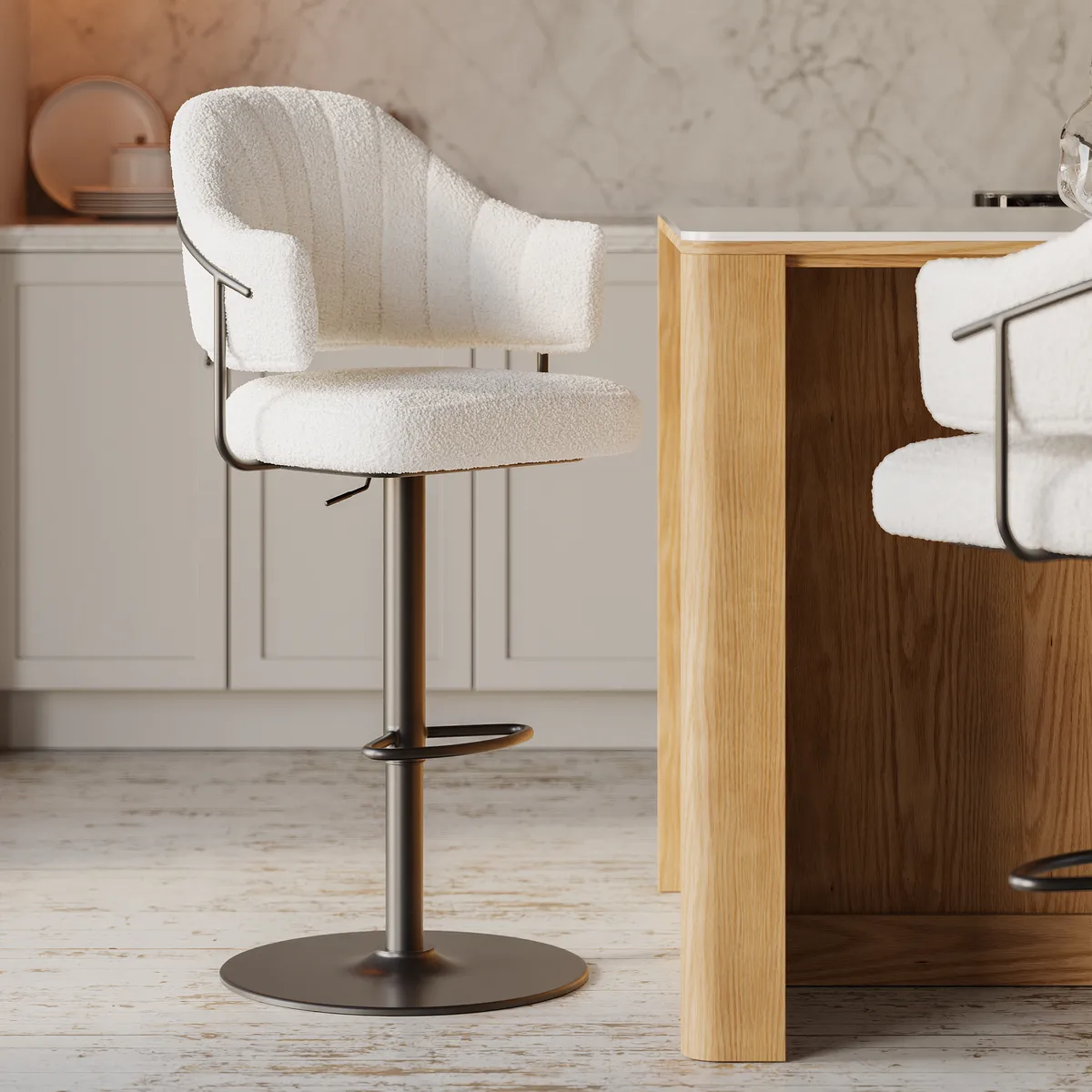 Modern Boucle Adjustable Counter Stool with Swivel Base
