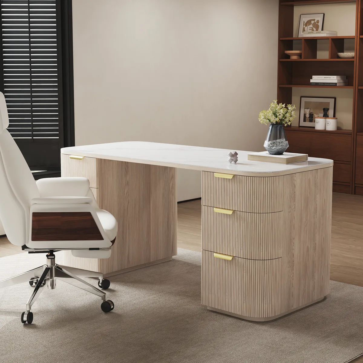 Walnut Ash Wood & Sintered Stone Rectangle Desk with 6 Drawers (63.8") — image 24