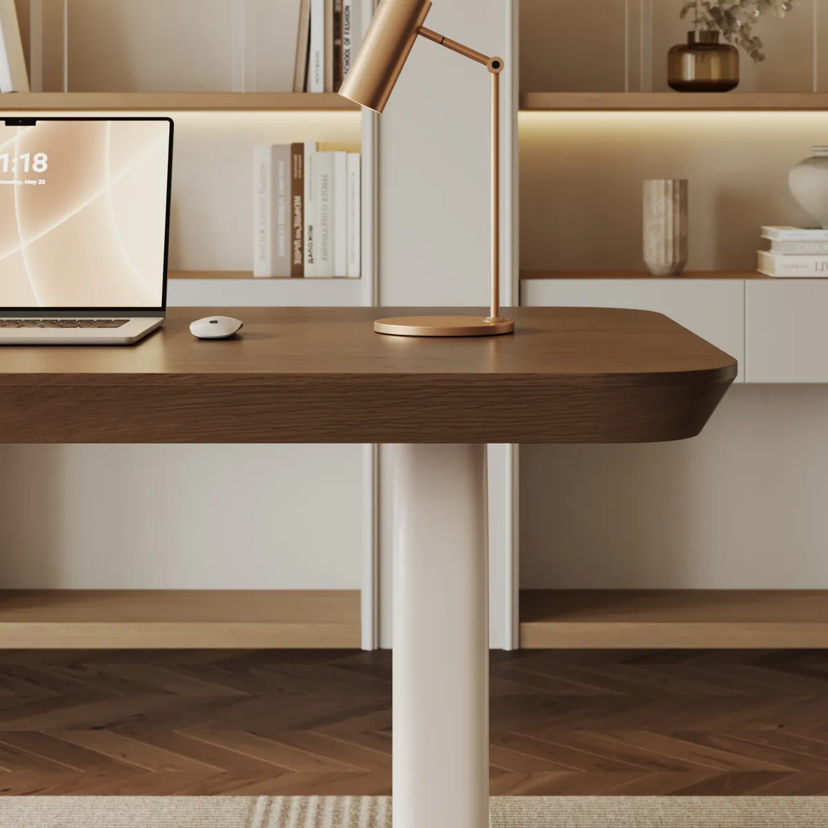Modern 63” Rectangular Walnut Wood Desk with charging station & storage — image 8