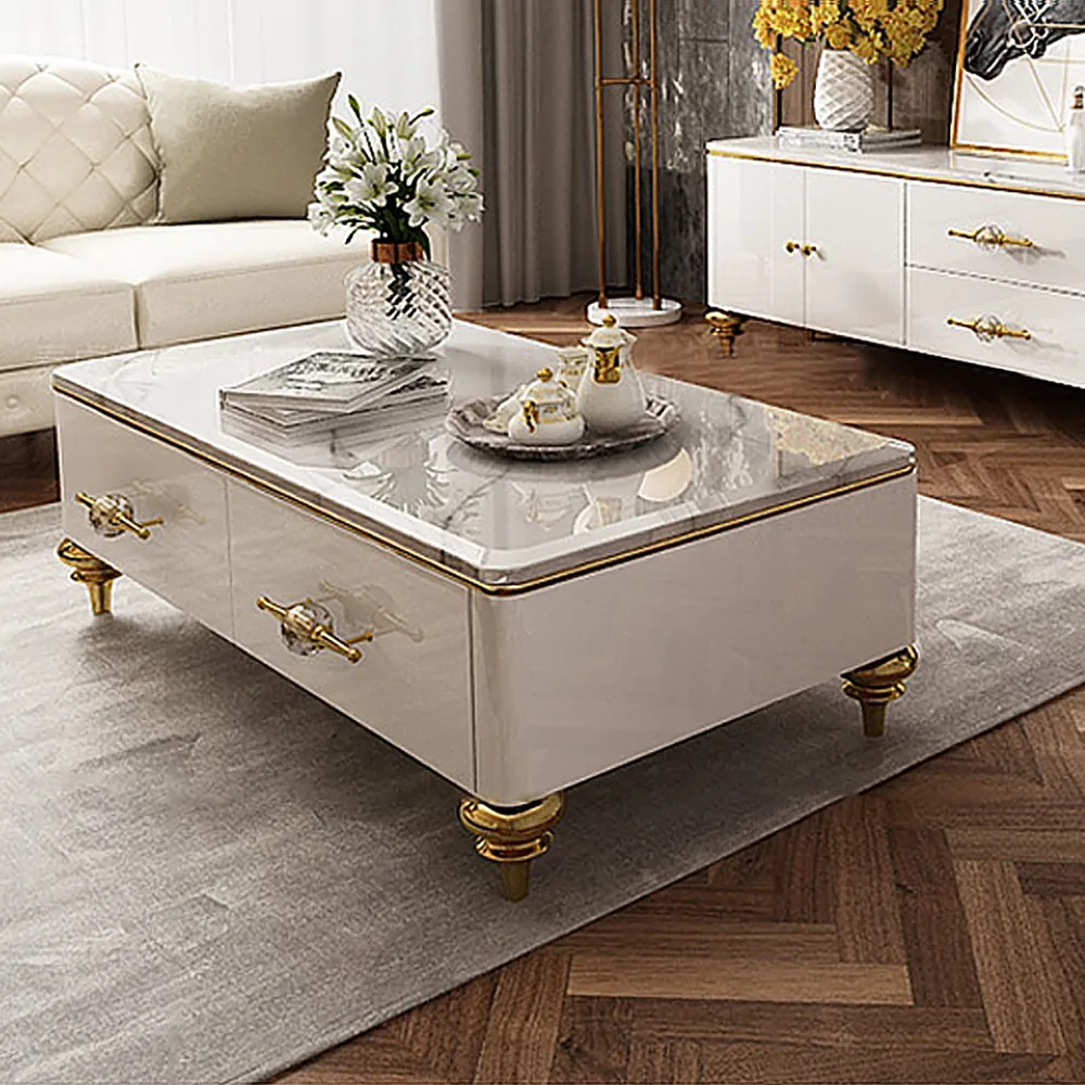 Chift 51.2" Modern Marble Coffee Table & Storage Drawers Gold Stainless Steel Legs