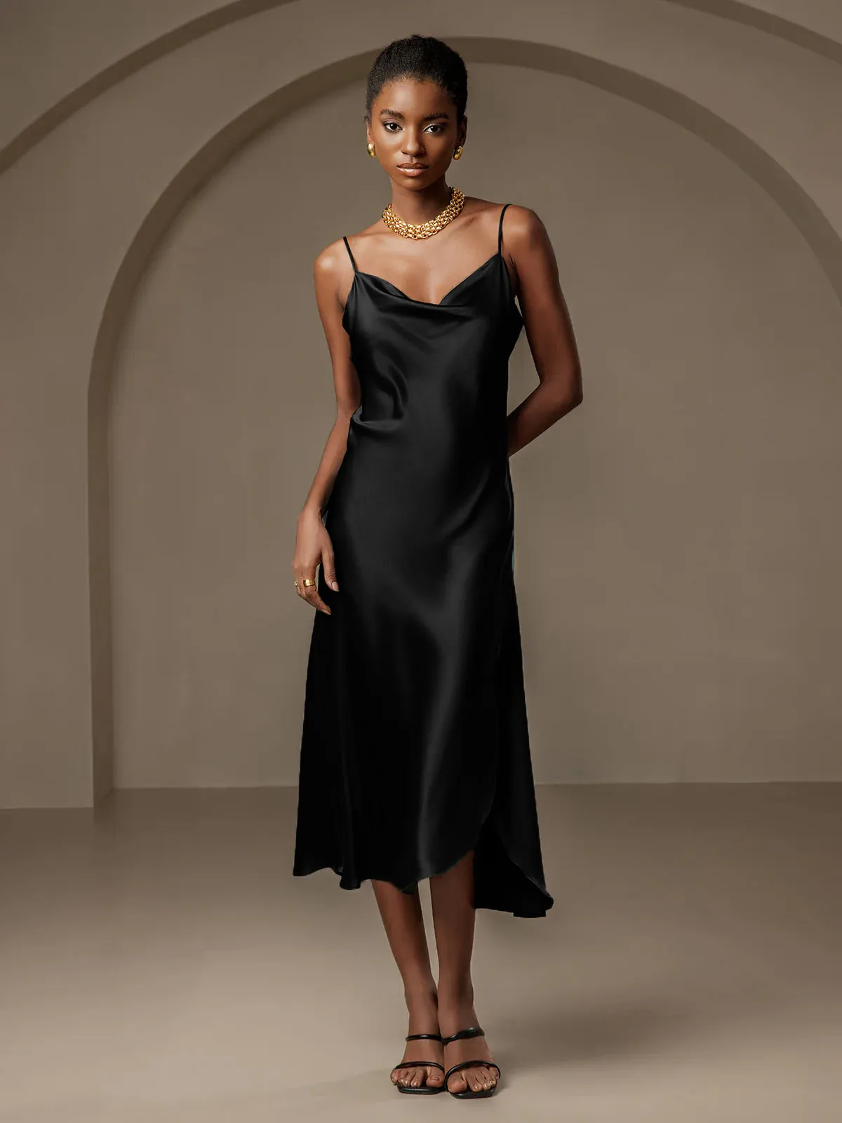 100% Mulberry Silk Spaghetti Strap Cowl Neck Bias Midi Dress with Split Design — image 3