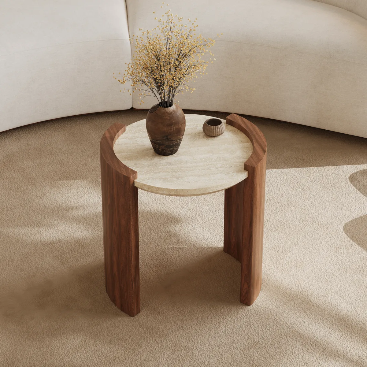 28" Walnut Round Coffee Table with Travertine Top — image 6