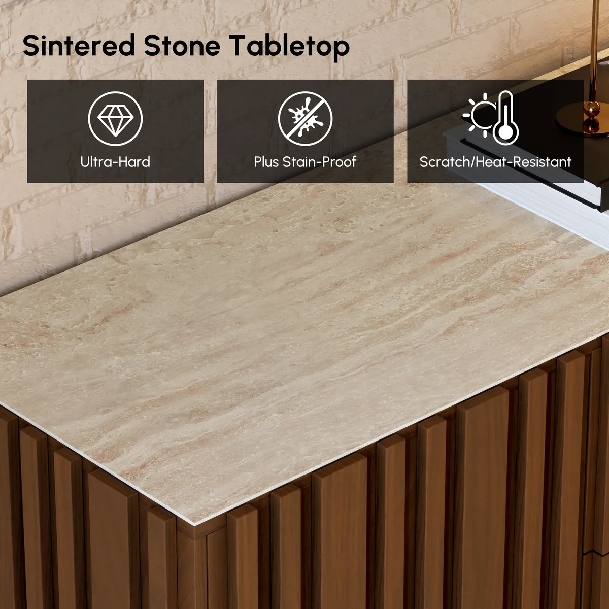 Aura 60" Faux Travertine Top Buffet Sideboard with Ash Wood Slatted Panels & Light — image 16