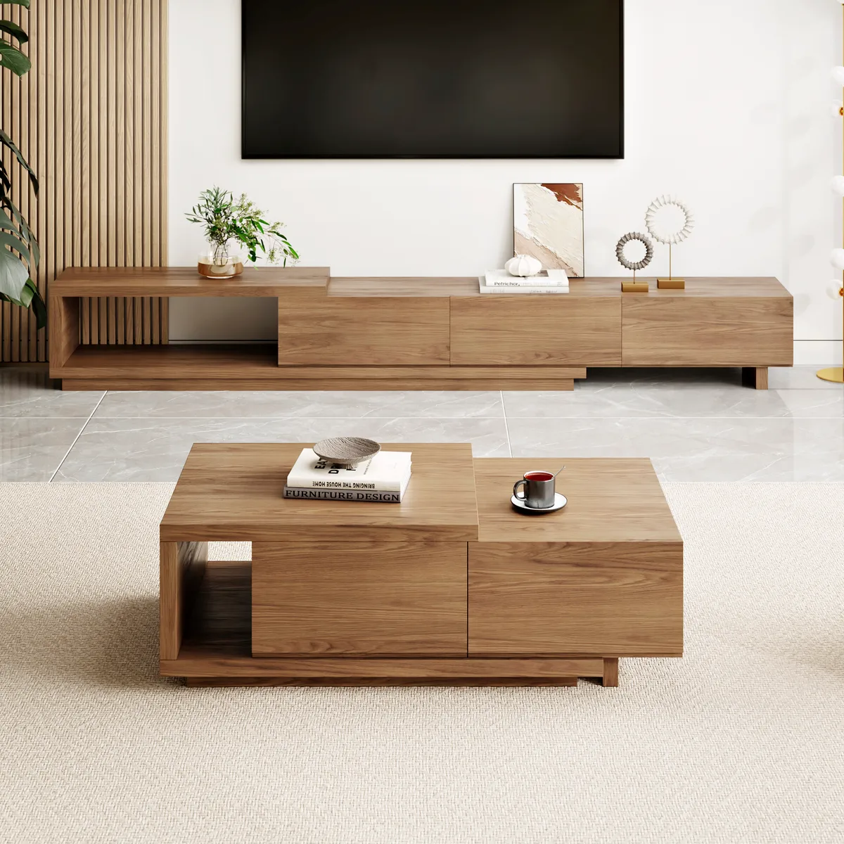 Quoint 68.9" Modern White Coffee Table Retracted & Extendable with 2-Drawer — image 26