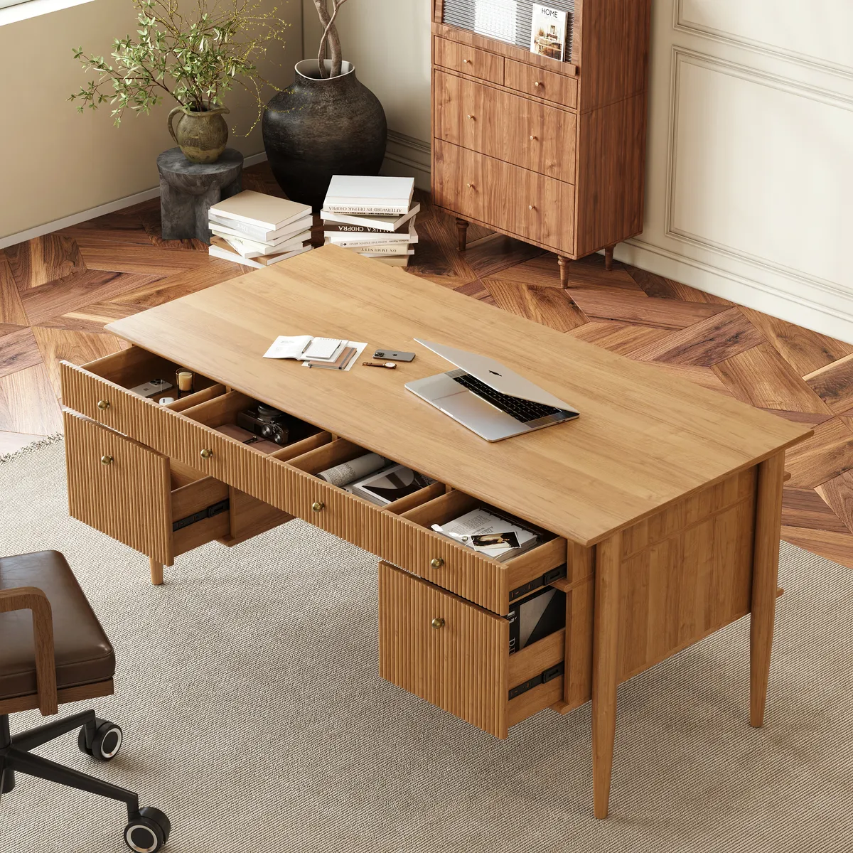 Mid-Century Solid Wood Home Office Desk with 6 Drawers — image 11