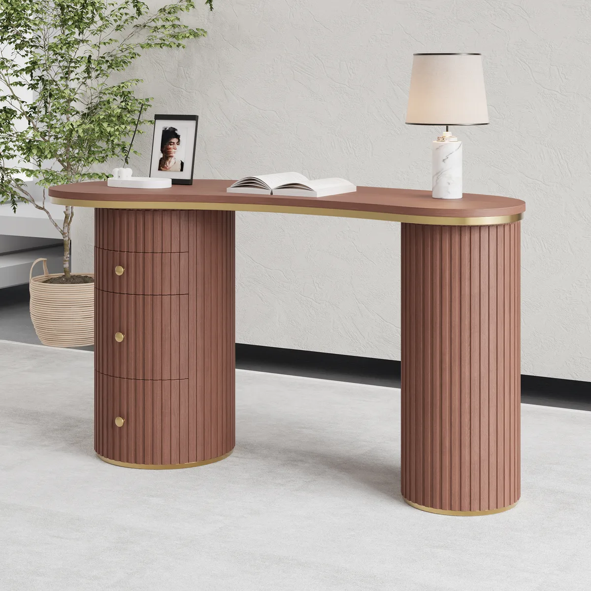 55.1" Modern Black Curved Desk 3-Drawer Wooden Home Office Desk Double Pedestal — image 25