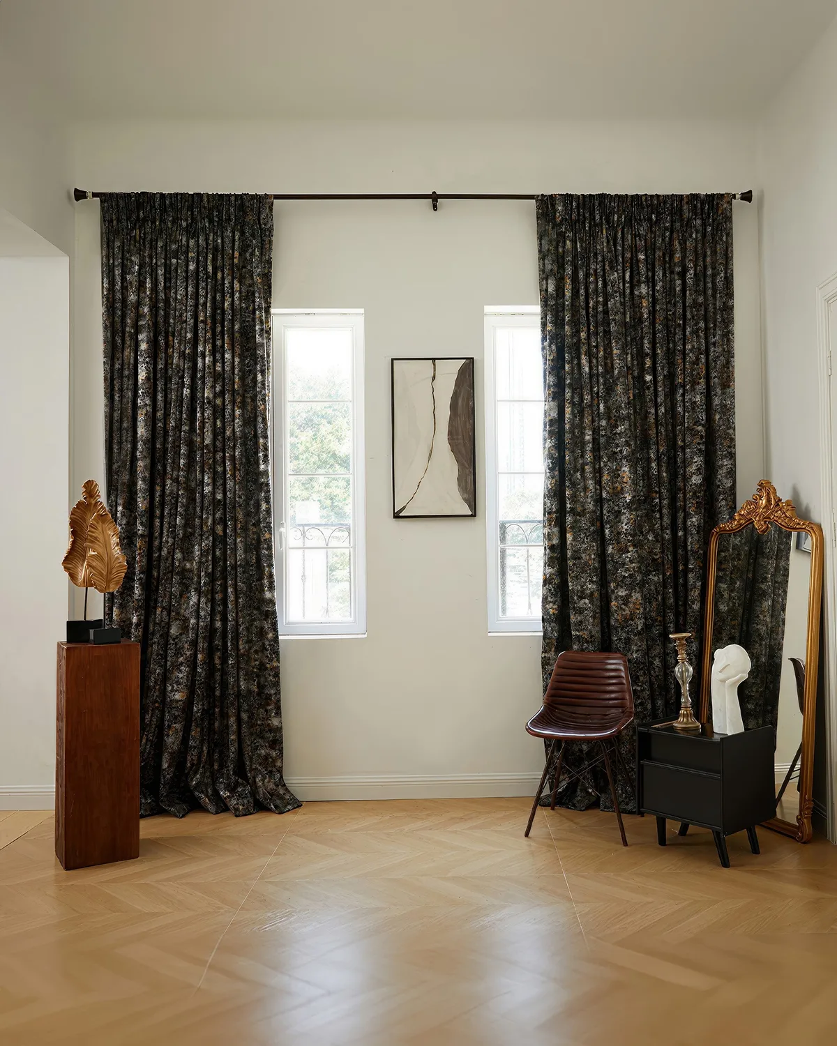 Impression 79 x 124 inch Triple French Pinch Pleat Black Foil Printed Velvet Patterned Curtain — image 4