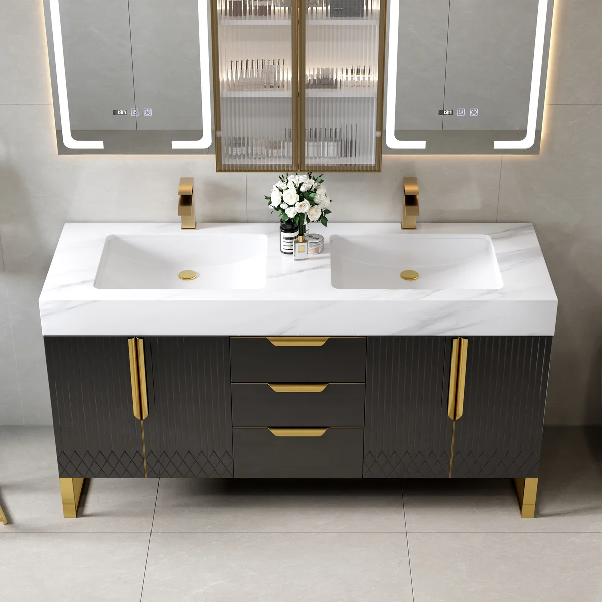 59" Double Sink Floating Vanity Set with LED Medicine Cabinet with Storage — image 17