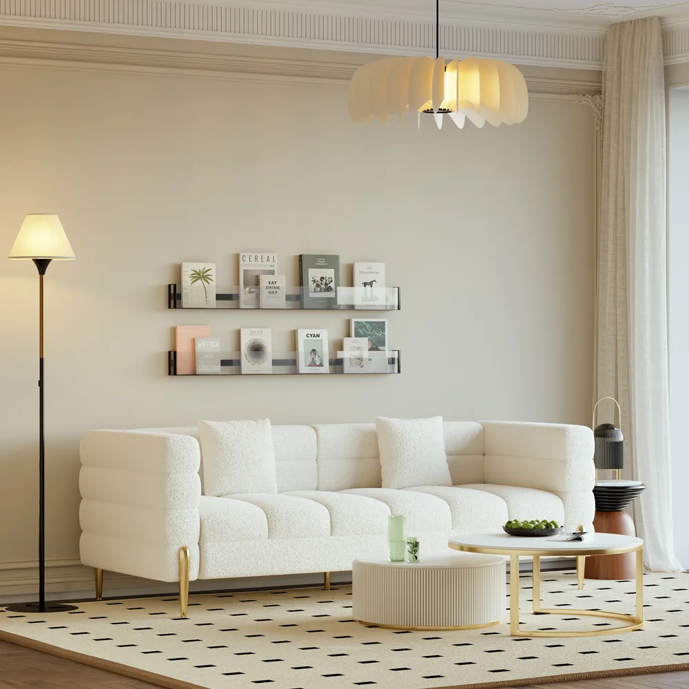 Round 2-Piece Nesting Set Sintered Stone Top Beige Coffee Table with Drawer 78.7" Modern White Boucle Upholstered Fluted 3-Seater Sofa — image 22