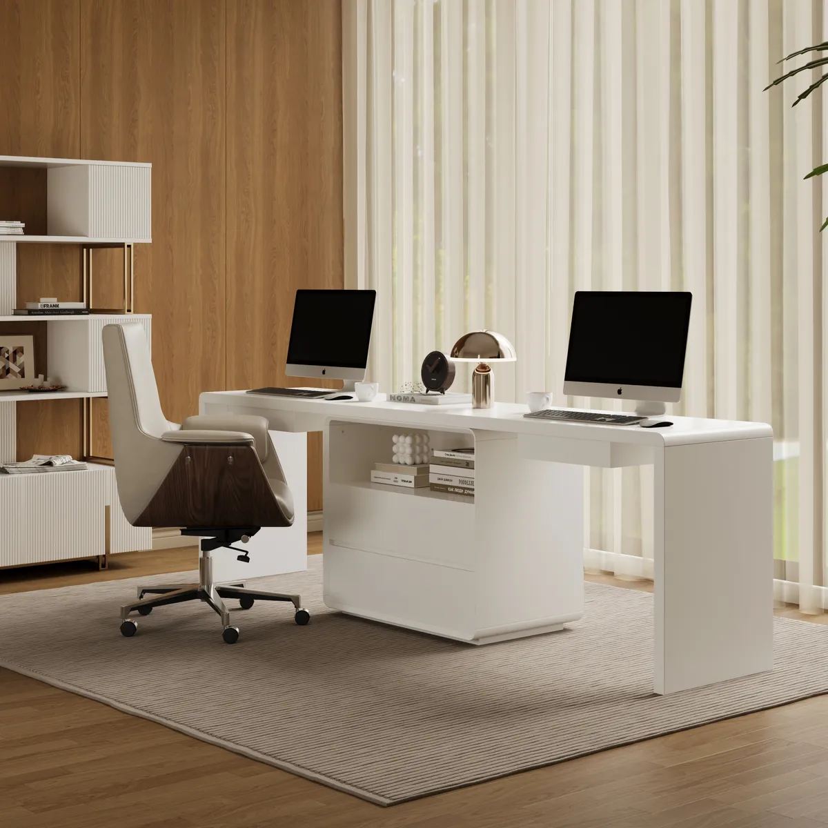 Modern 94" Rectangular Brown Double Desk with Drawers, Seats 2