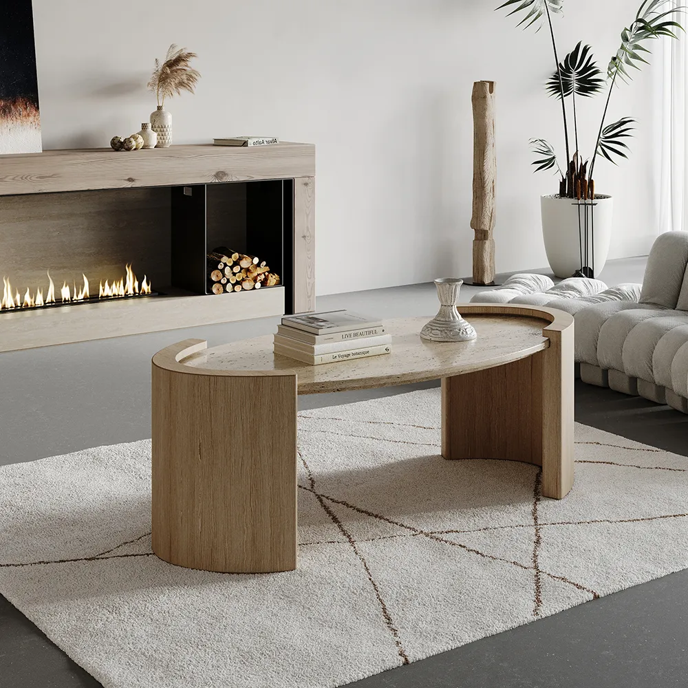 43" Japandi Oval Travertine Stone Top Coffee Table — image 2