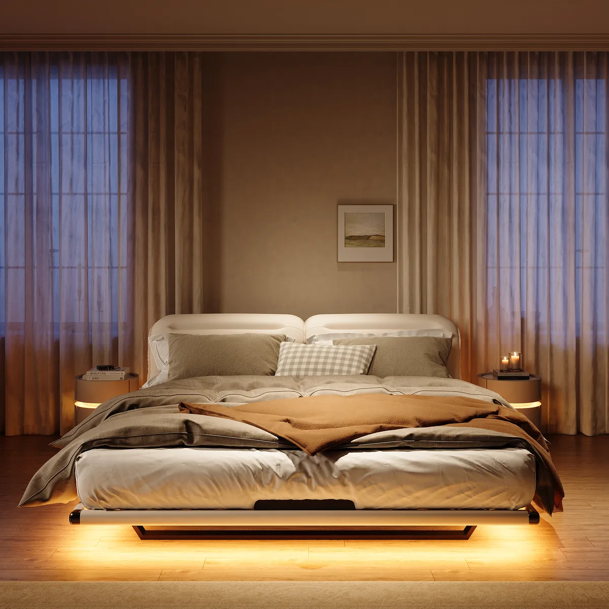 Modern King Size Floating Bed Frame with Light & Adjustable Headboard — image 3
