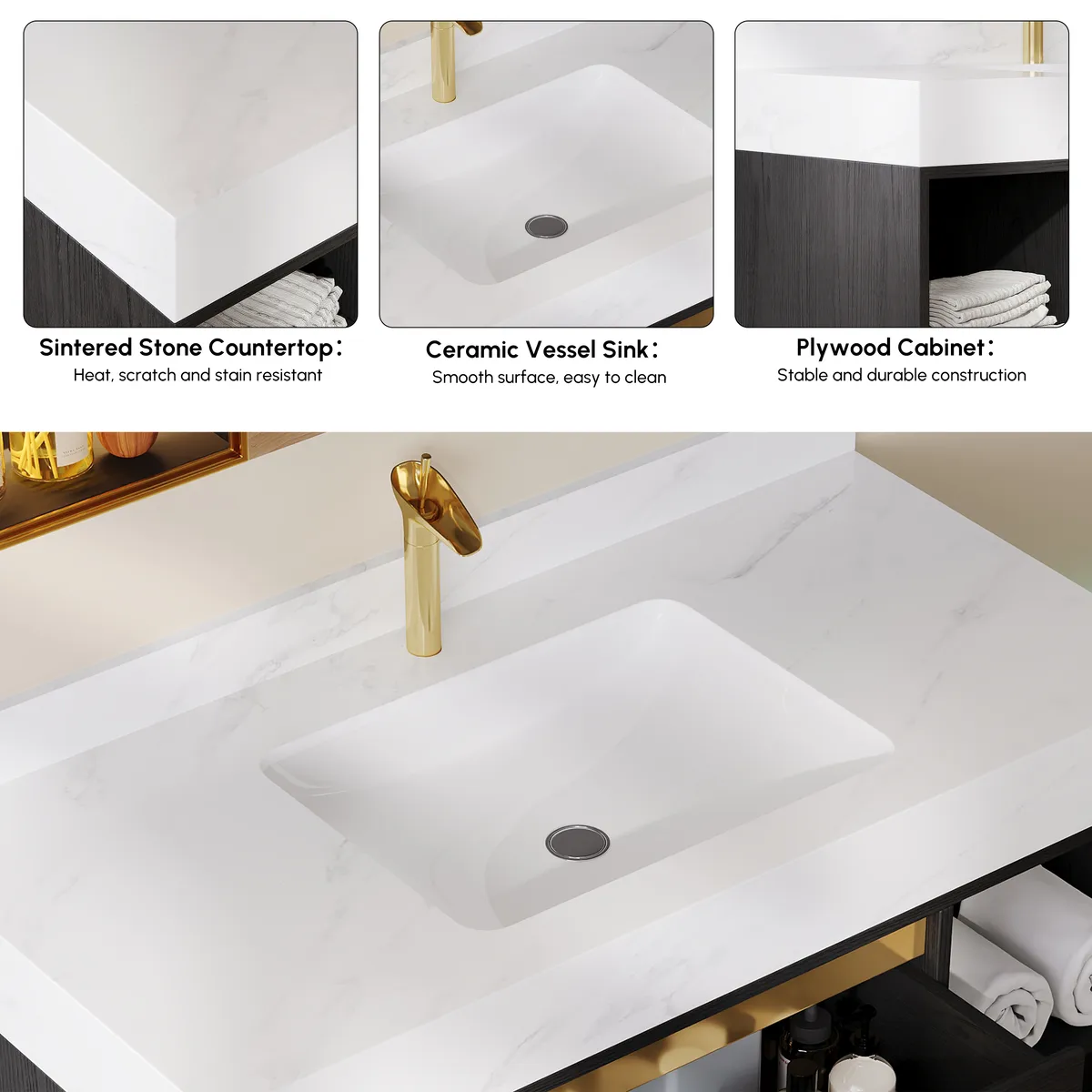 39.4" Floating Bathroom Vanity Set Cultured Marble Black with Ceramic Sink & 2 Drawers — image 5
