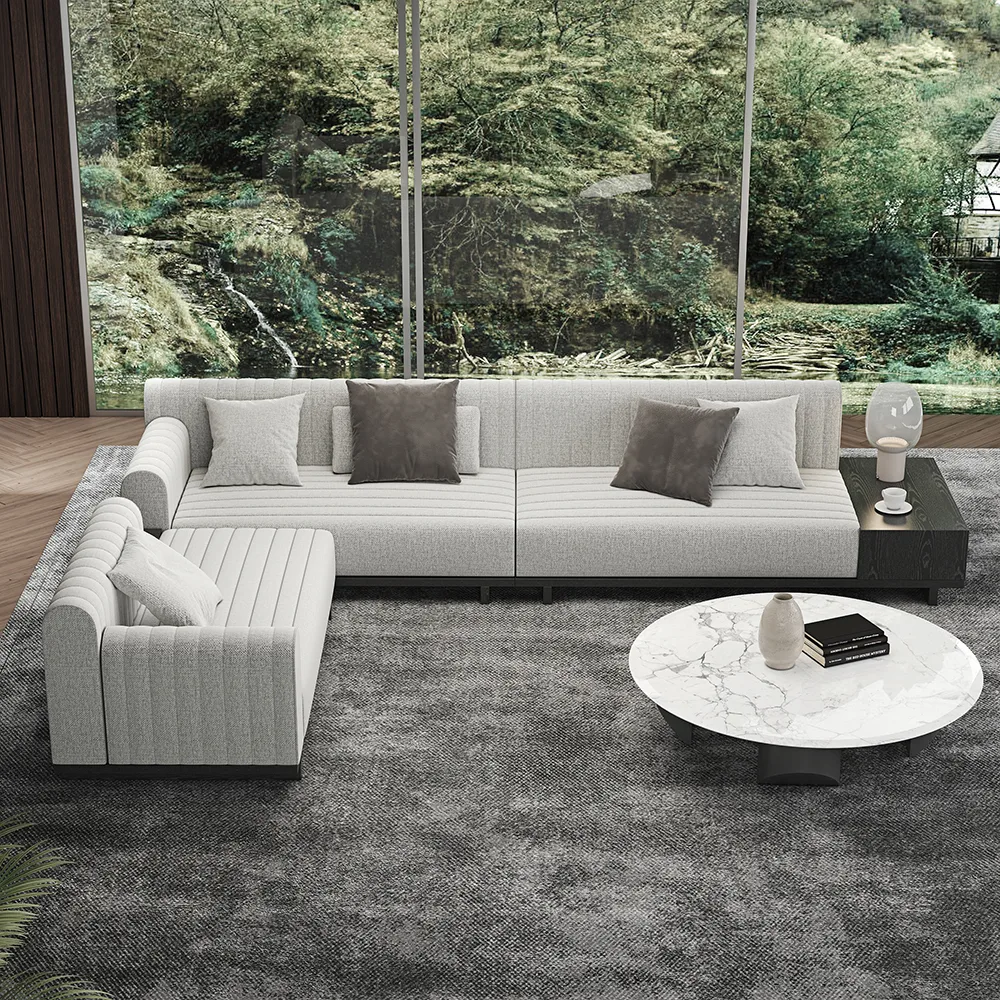 157" Cotton and Linen L-Shaped Sectional Sofa Modern Light Gray Sectional with Storage Side Table — image 5