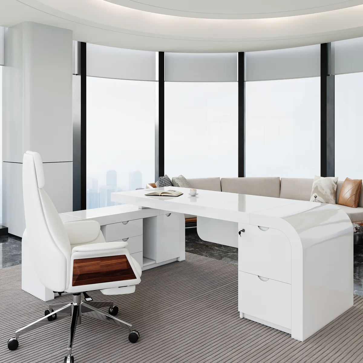 L-shaped Modern Executive Desk & Reclining Leather Office Desk Chair High Back — image 15