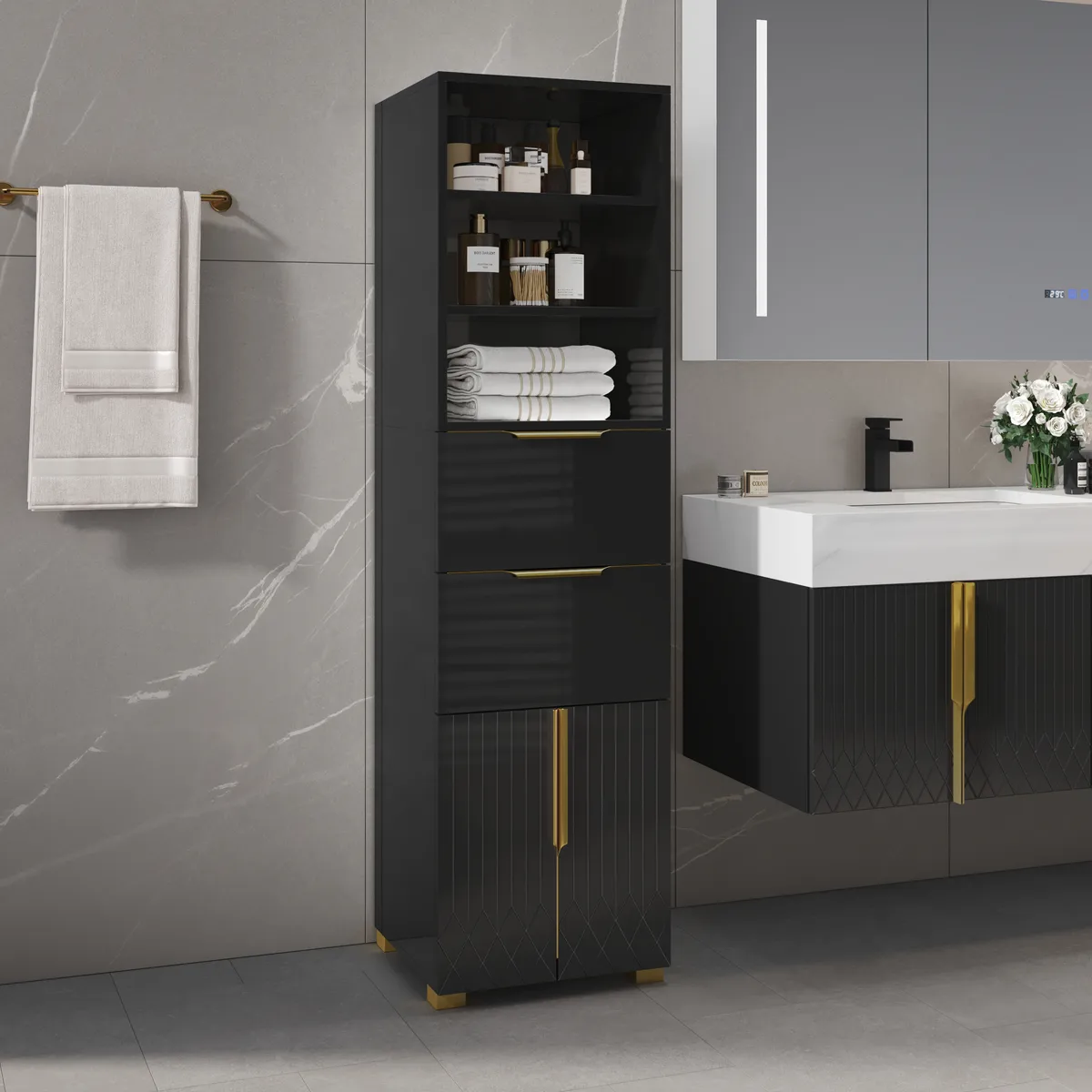 Aro 59" Freestanding Bathroom Storage Cabinet with Shelves, Drawers & Doors — image 2