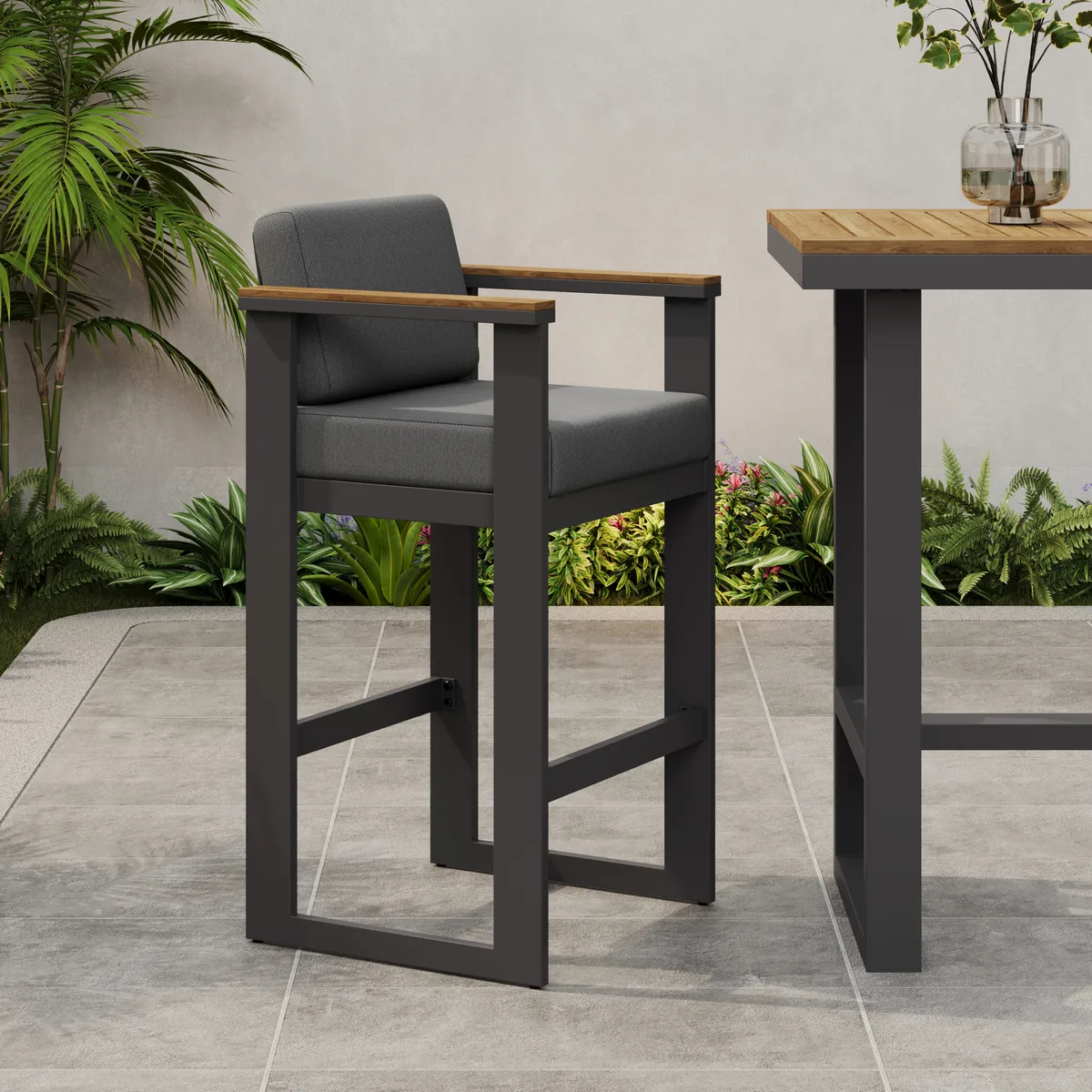 Tevara Outdoor Aluminum Frame & Teak Wood Armrest Bar Stools — image 5