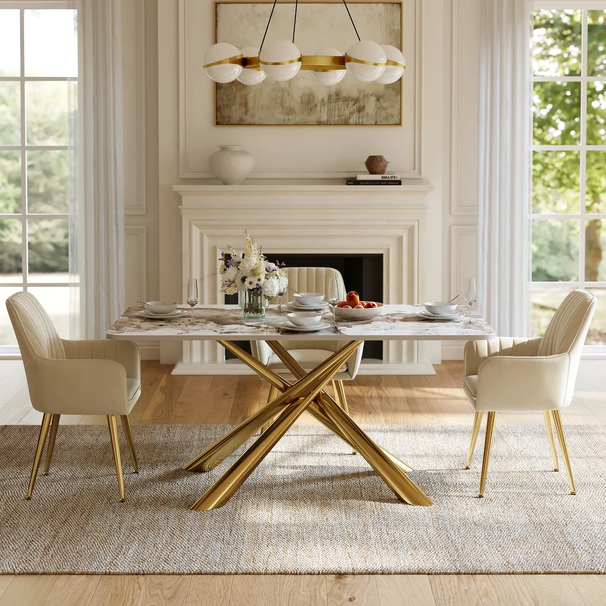 Dining Set 63" Rectangle Glossy Pandora Sintered Stone Dining Table with 4 Chairs — image 3