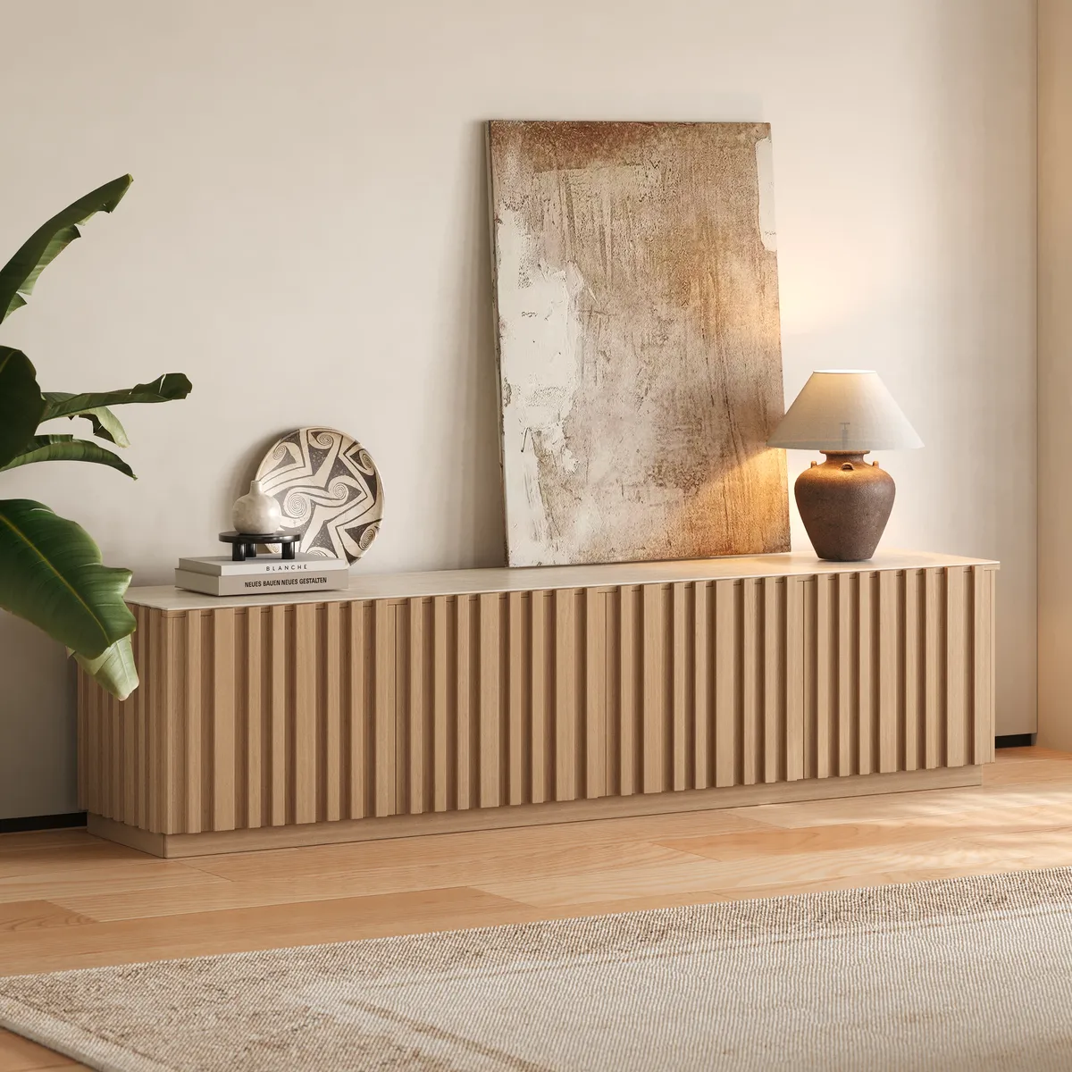 Aura 83" Ash Wood Fluted Smoked Brown TV Stand with Sintered Stone Top — image 23