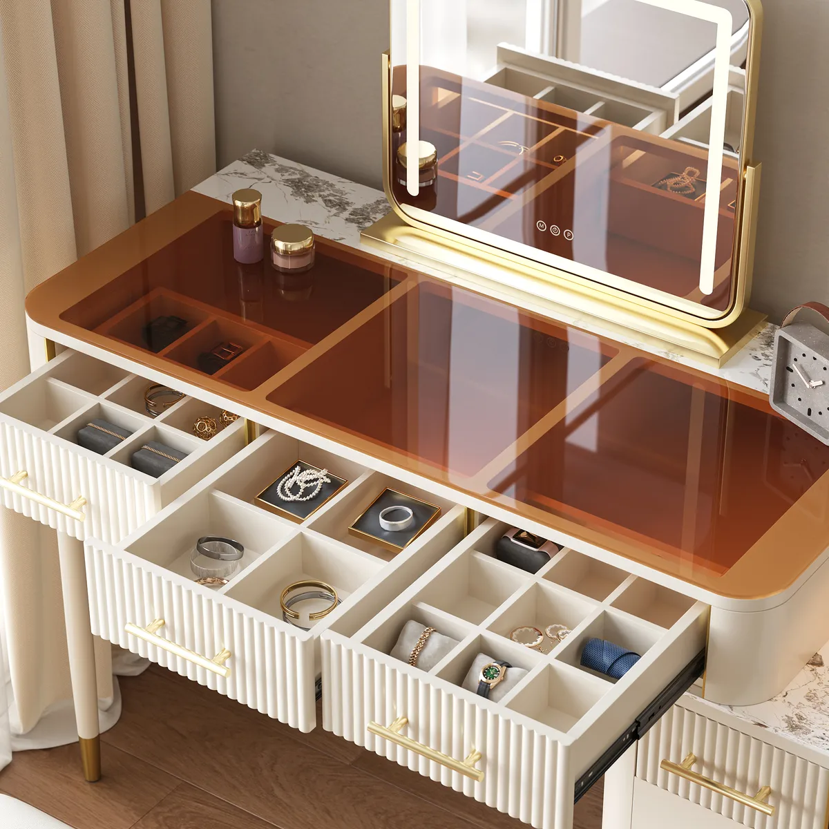 White Makeup Vanity Set with Lighted Mirror & Stool Mid Century Modern Dressing Table with Glass Top — image 19