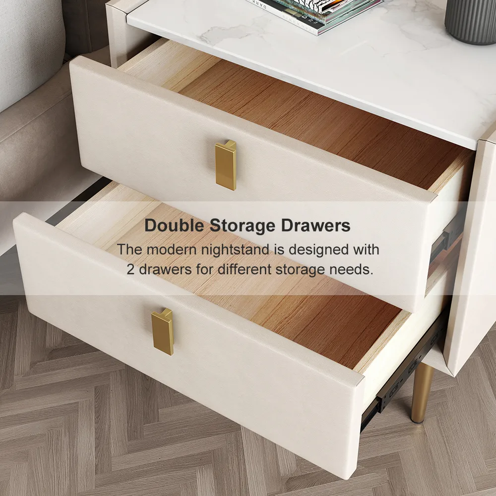 Modern 2 Drawers PU Leather Bedside Table Nightstand with Gold Metal Legs — image 8