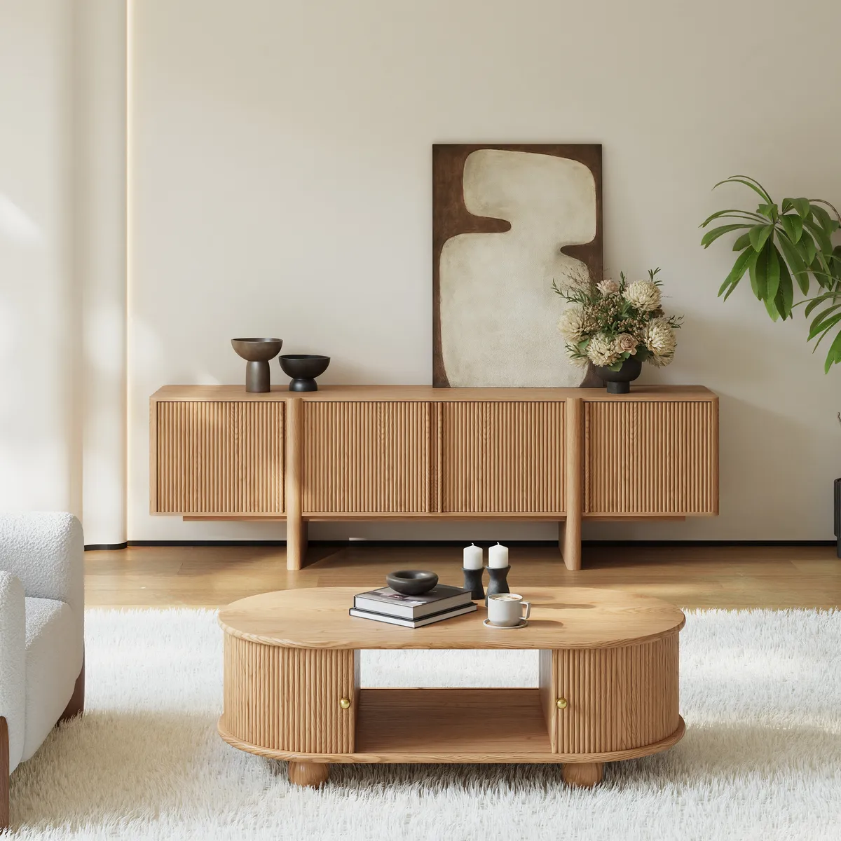 80" Solid Wood Fluted Black TV Stand with Cabinets — image 15