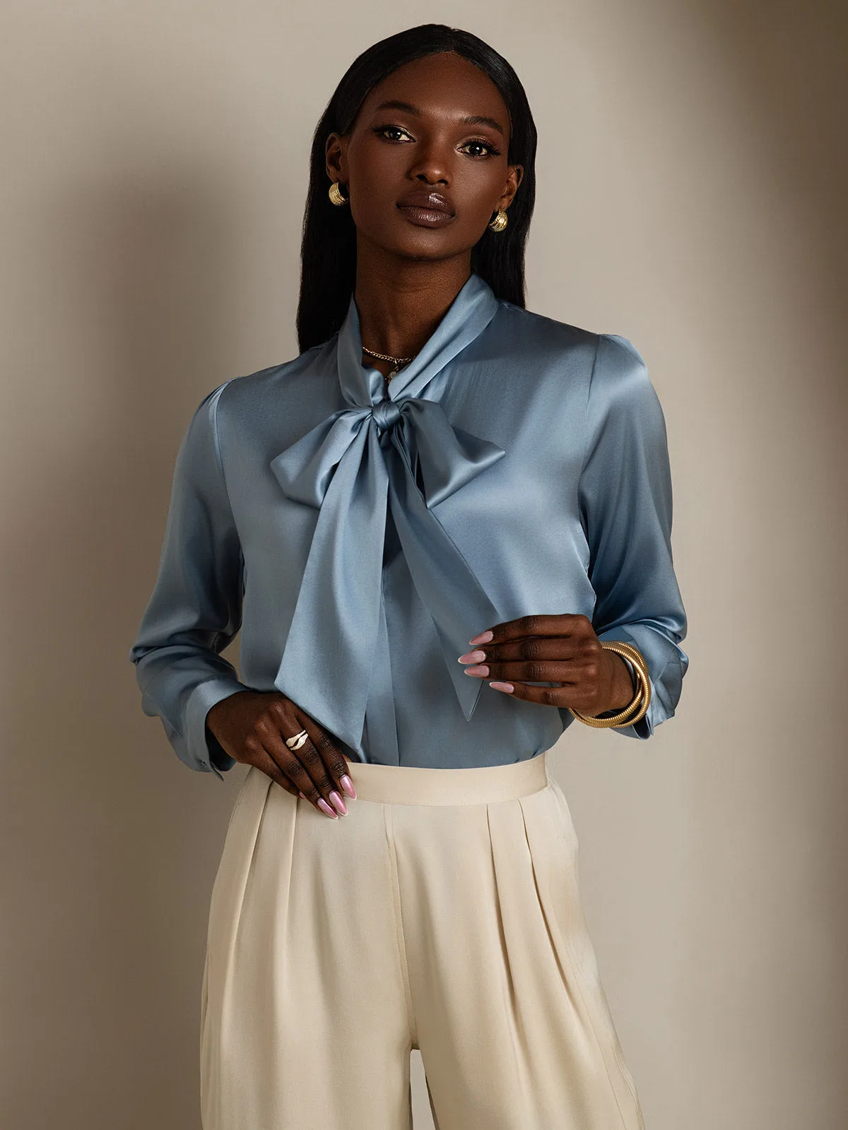 19Momme Silk Long Sleeve Tie Neck Elegant Blouse — image 4